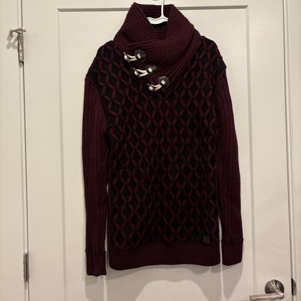Vercini Mens XXL Burgundy Black Diamond Cable Knit Toggle Shawl Sweater Turkey